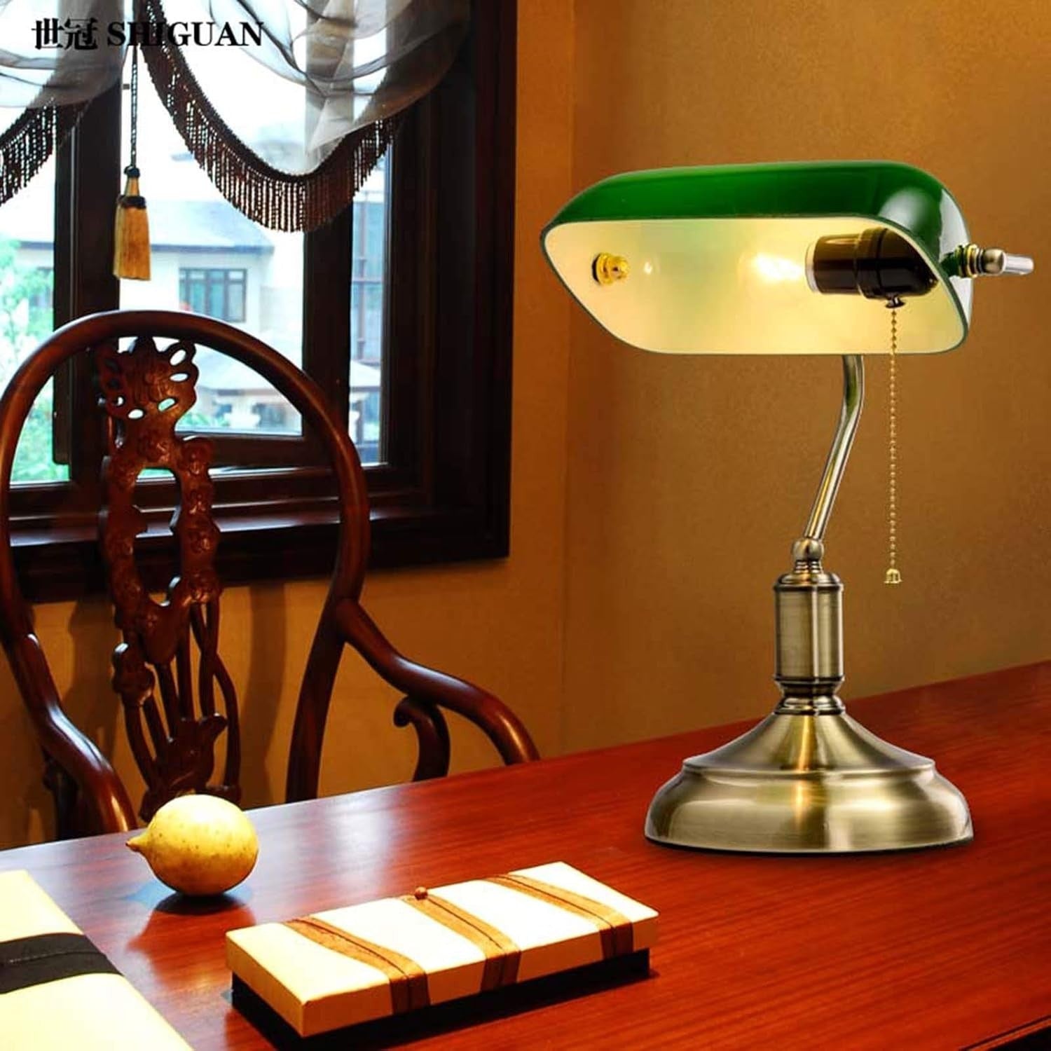 Green Glass Bankers Desk Lamp Brass Base Retro Style Adjustable Pull Chain
