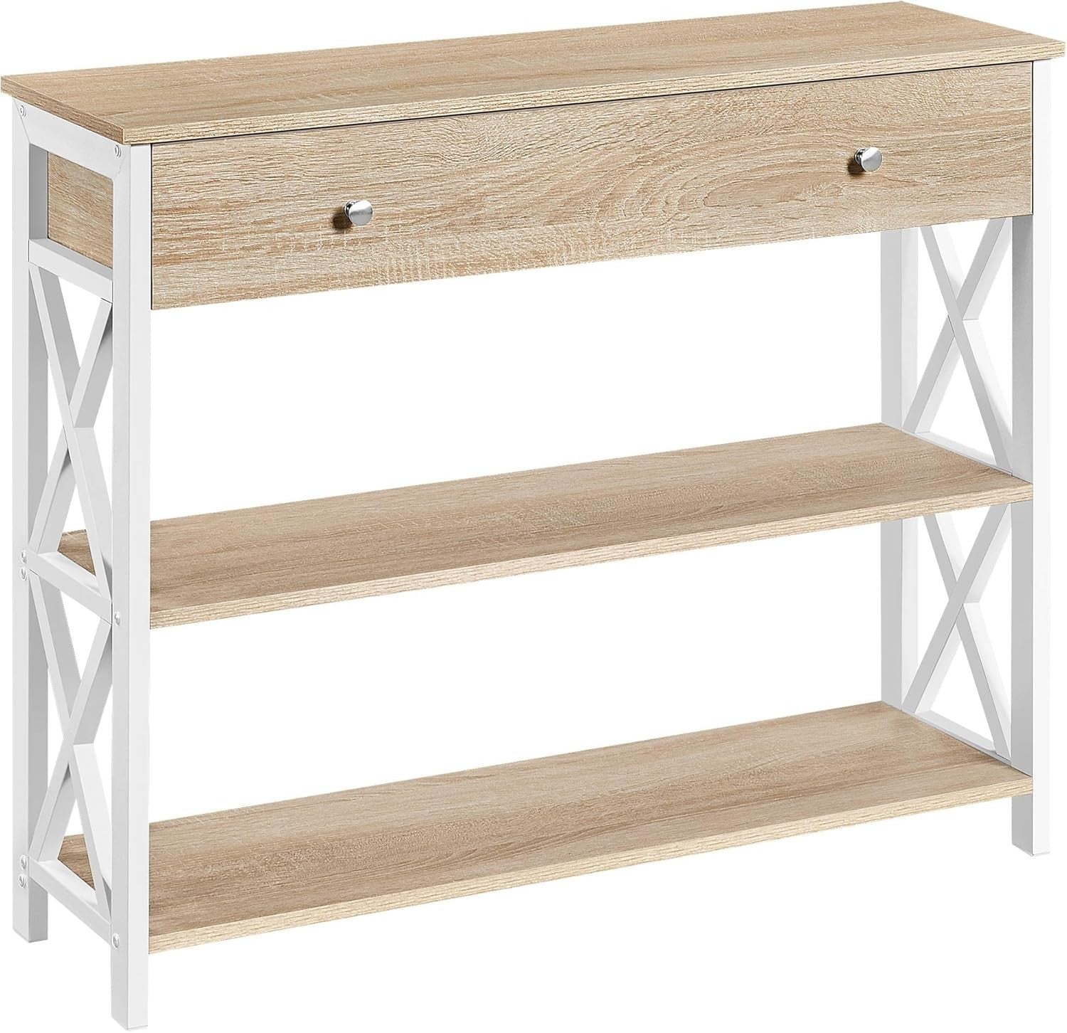 Spacious Console Table with Drawer & 2 Shelves, Sturdy Metal Frame, Light Oak