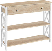 Spacious Console Table with Drawer & 2 Shelves, Sturdy Metal Frame, Light Oak