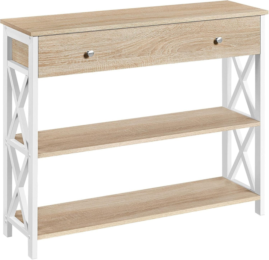 Spacious Console Table with Drawer & 2 Shelves, Sturdy Metal Frame, Light Oak