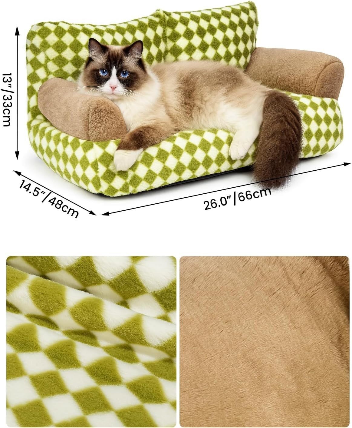 Fluffy Cat Sofa Bed Plush Pet Couch Removable Washable Cover Green