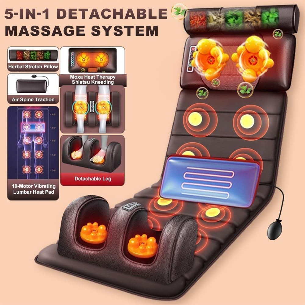 Full Body Massage Mattress Heat Shiatsu Vibration 10 Motors 6 Nodes Pain Relief