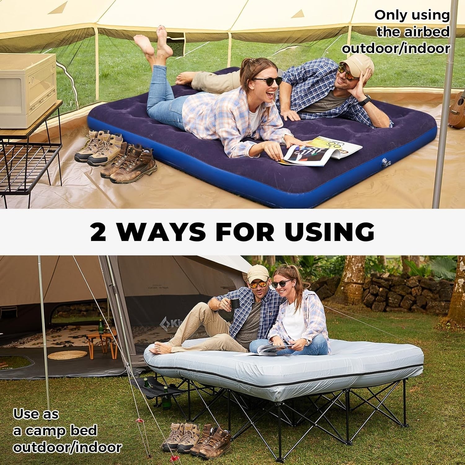 Double Inflatable Camping Bed Cot for 2 Adults | Portable Air Mattress + Side Ta