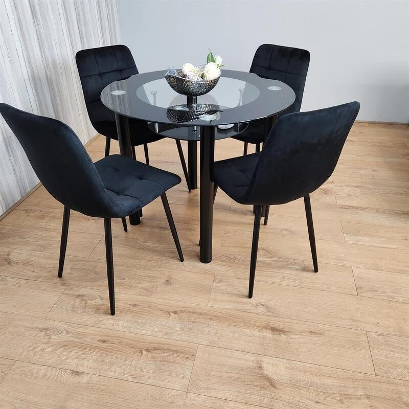 Round Black Glass Dining Table Set with 4 Tufted Chairs Modern Kitchen