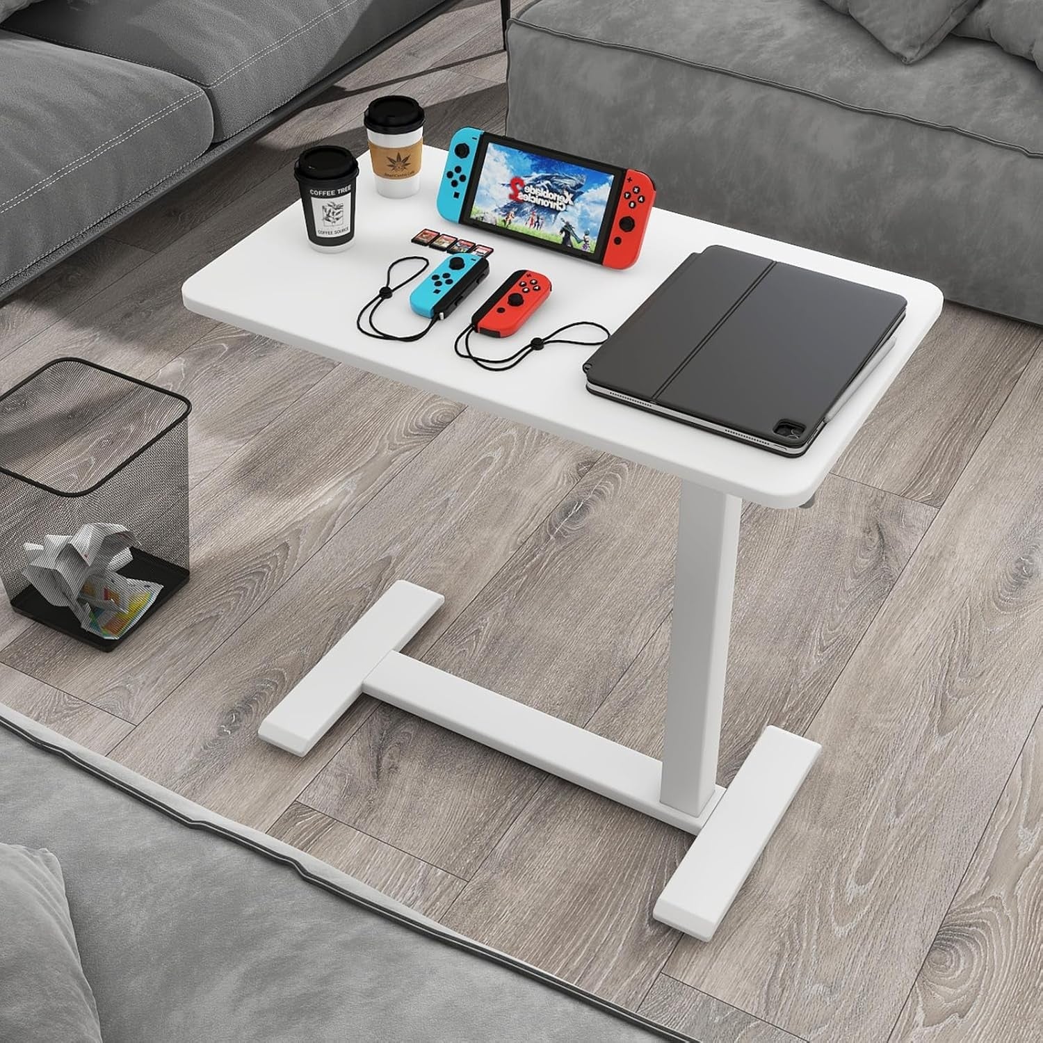 Overbed Table Height Adjustable Pneumatic Laptop Desk Rolling Bedside Stand