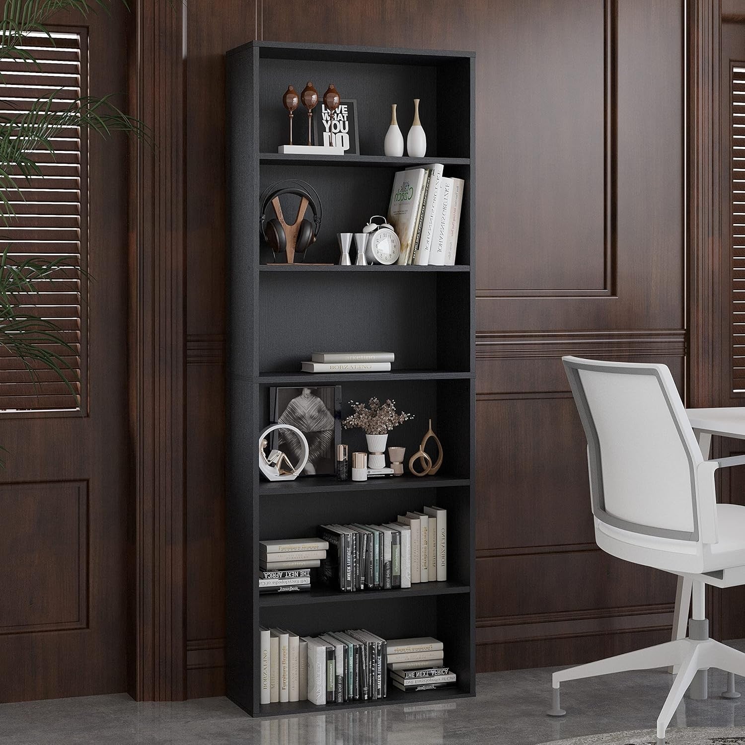 6-Tier Large Black Bookcase Tall Wooden Shelf Unit Modern Home Office Storage