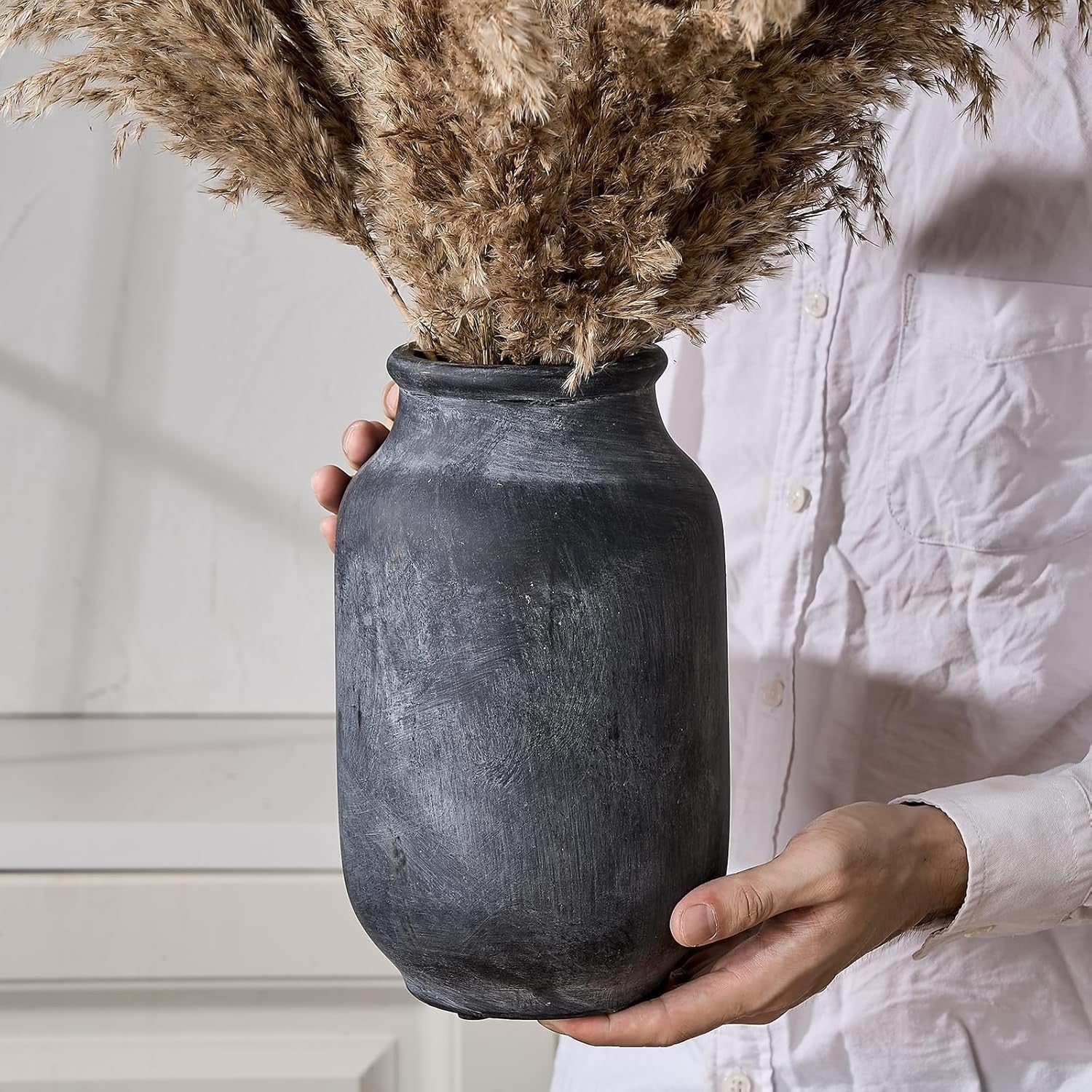 Large Pampas Grass Vase 9.5in Black Ceramic Rustic Farmhouse Home Décor