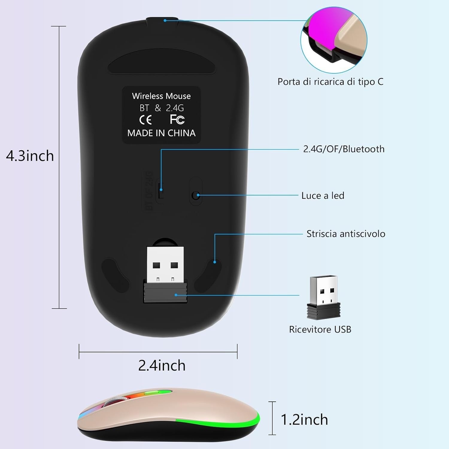 Pink Rechargeable Wireless Mouse Bluetooth 1600 DPI RGB USB