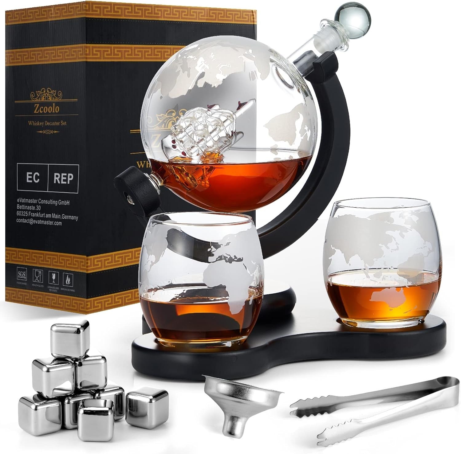 Luxury Globe Whiskey Decanter Set 850ml Glass with 2 Tumblers & Ice Stones