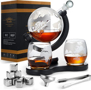 Luxury Globe Whiskey Decanter Set 850ml Glass with 2 Tumblers & Ice Stones