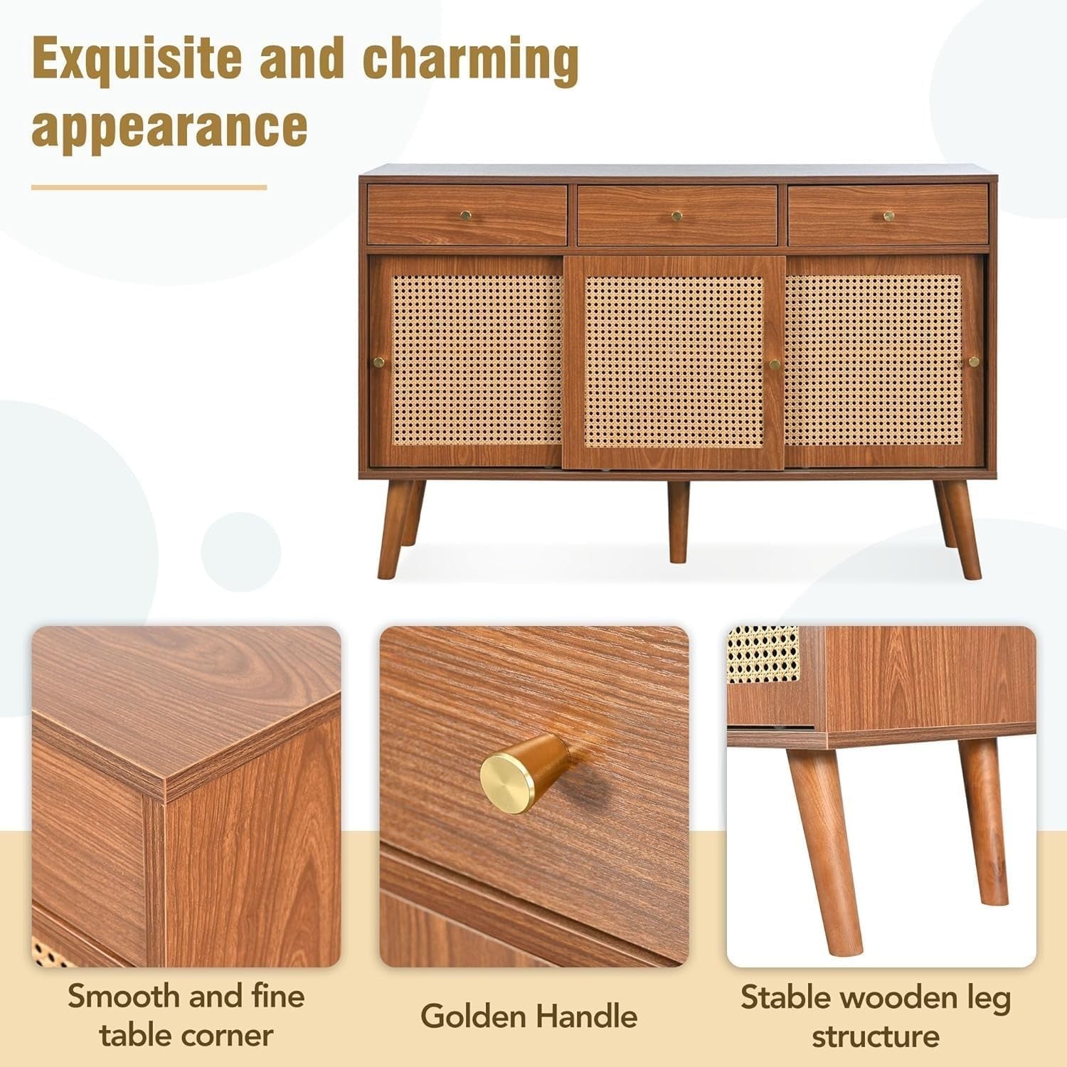 Modern Rattan Sideboard Cabinet 3 Drawers 2 Doors Walnut Storage Unit
