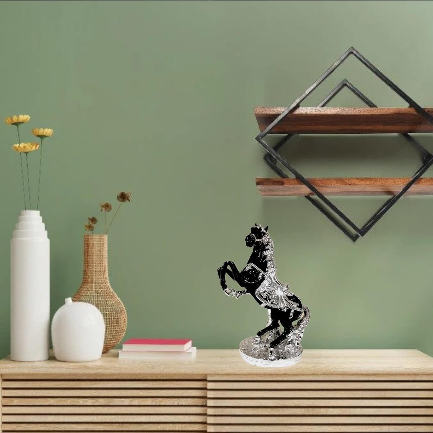 Luxury Silver Black Porcelain Horse Ornament 44cm • Art Deco Figurine Home Decor
