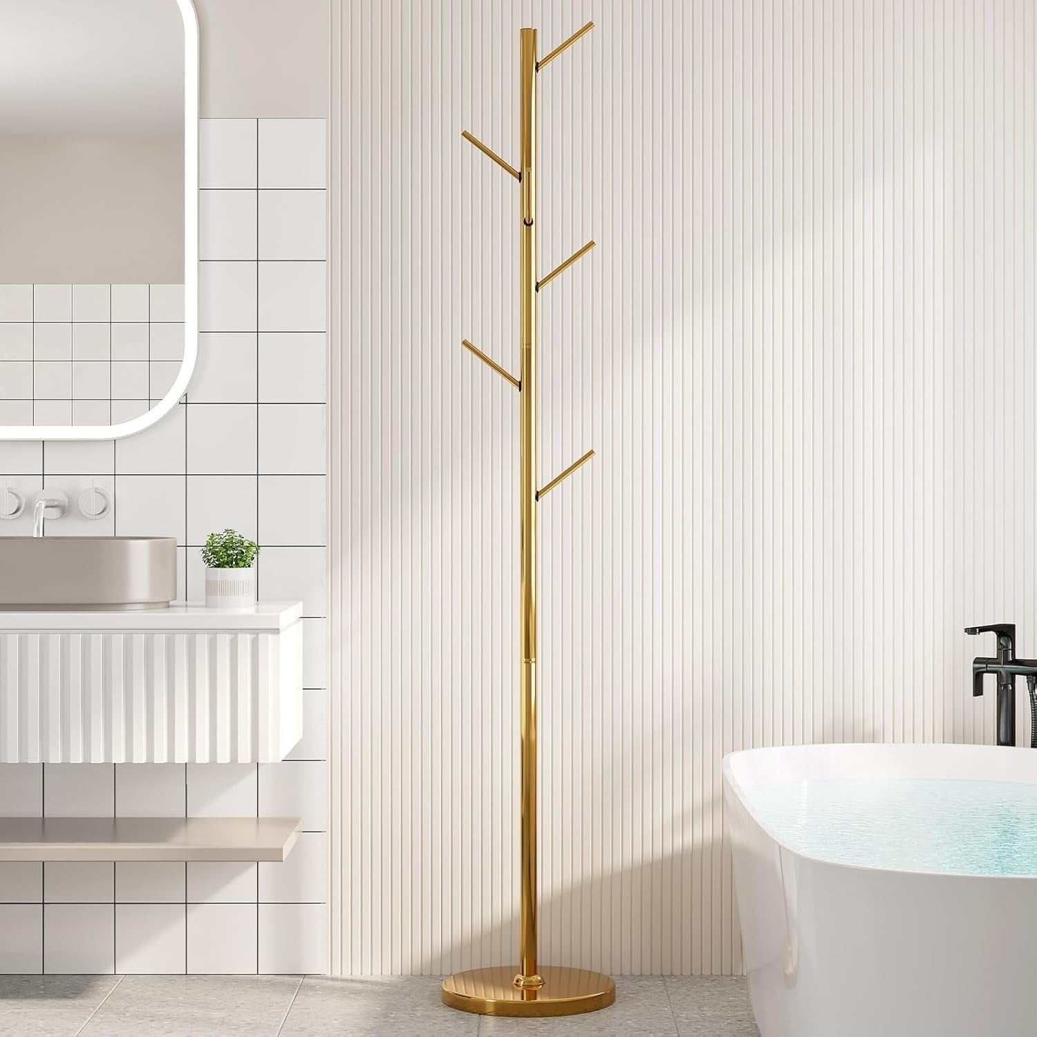 Gold Metal Coat Rack Stand 8 Hooks | Modern Freestanding Hall Tree 187cm