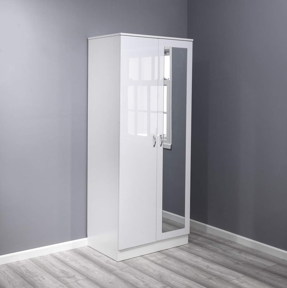 Modern 2-Door White Gloss Wardrobe with Full-Length Mirror & Scratch-Resistant