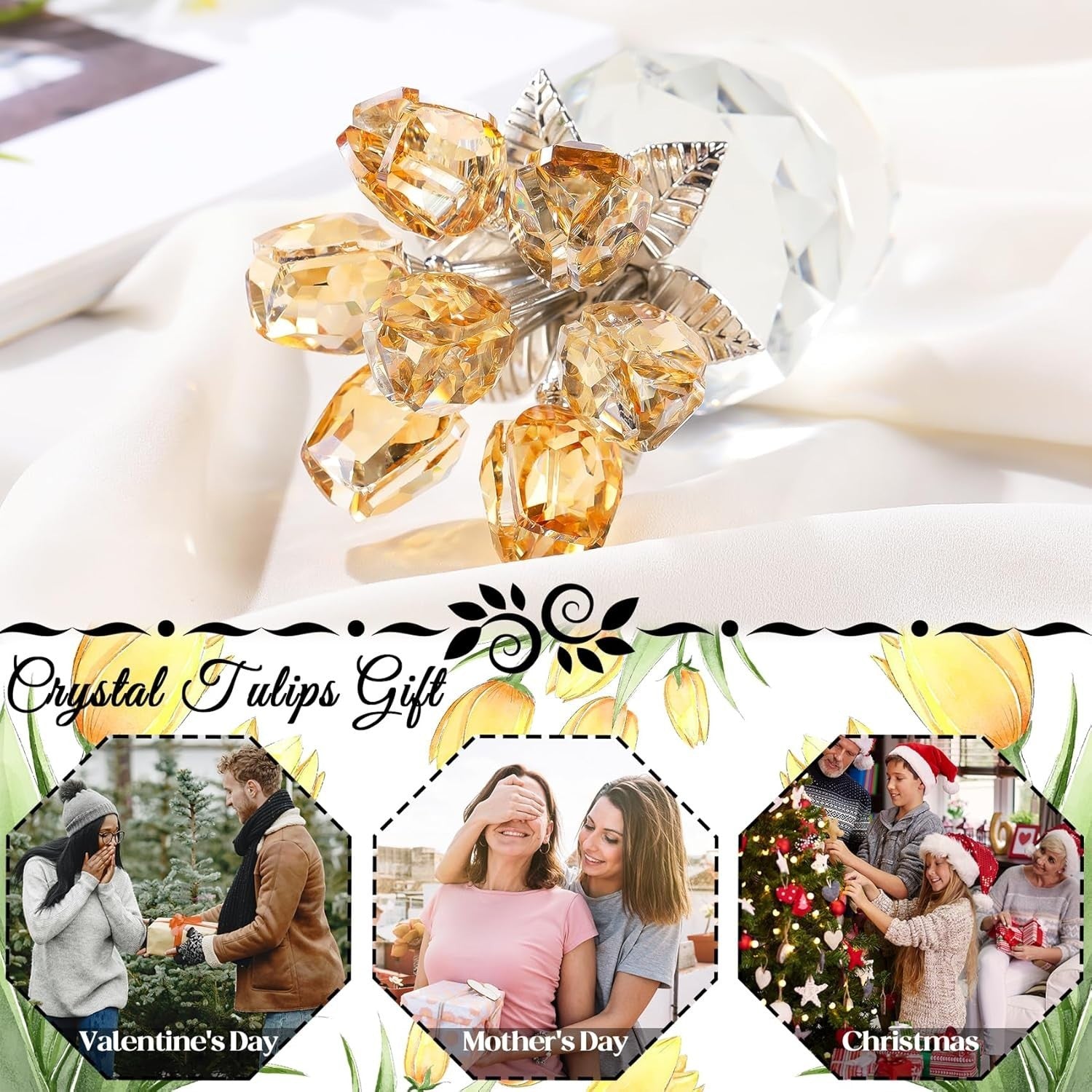 Crystal Tulip Flower Bouquet Ornament Gold – Luxury Glass Gift for Mum Wife