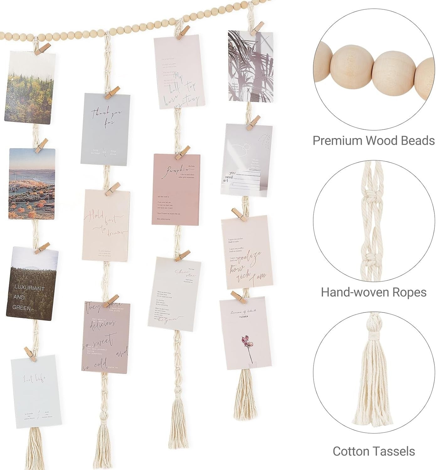 Boho Macrame Photo Display with 45 Clips – Wall Hanging Decor