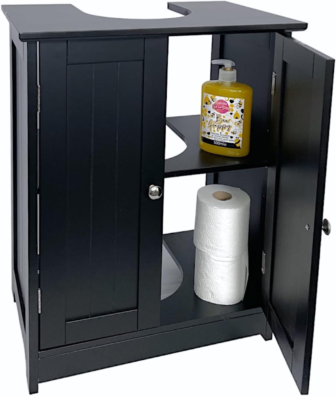Black Under Sink Bathroom Cabinet 50x48x60cm – 2 Door Storage Unit with Shelves