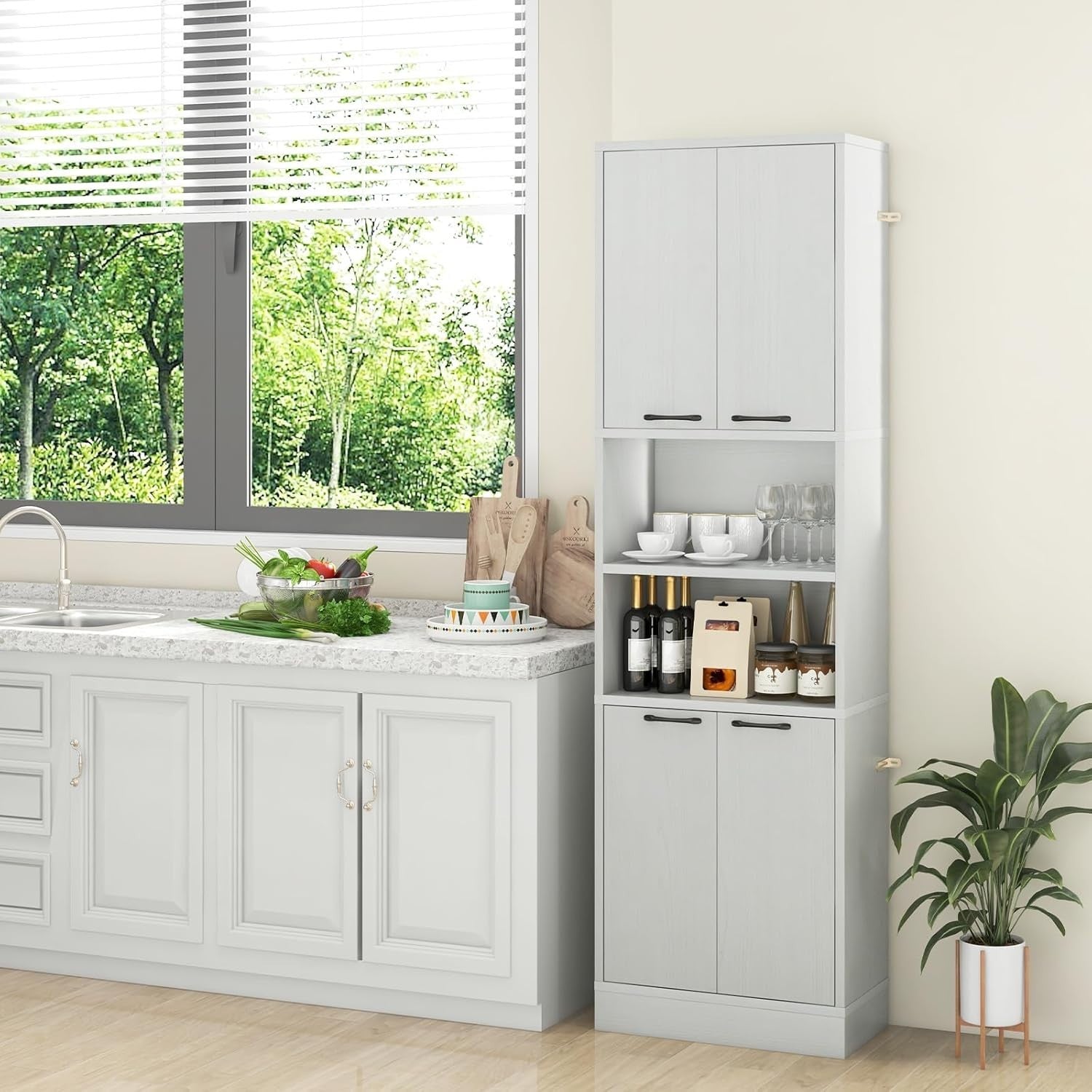 190cm Tall Kitchen Cupboard White Oak 4 Doors Open & Closed Storage Cabinet