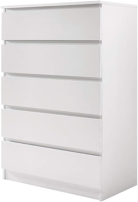 White 5 Drawer Chest | Tall Modern Storage Unit | Bedroom Office Cabinet