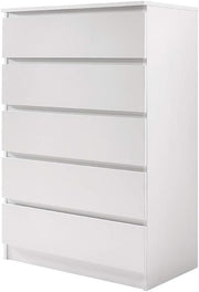 White 5 Drawer Chest | Tall Modern Storage Unit | Bedroom Office Cabinet