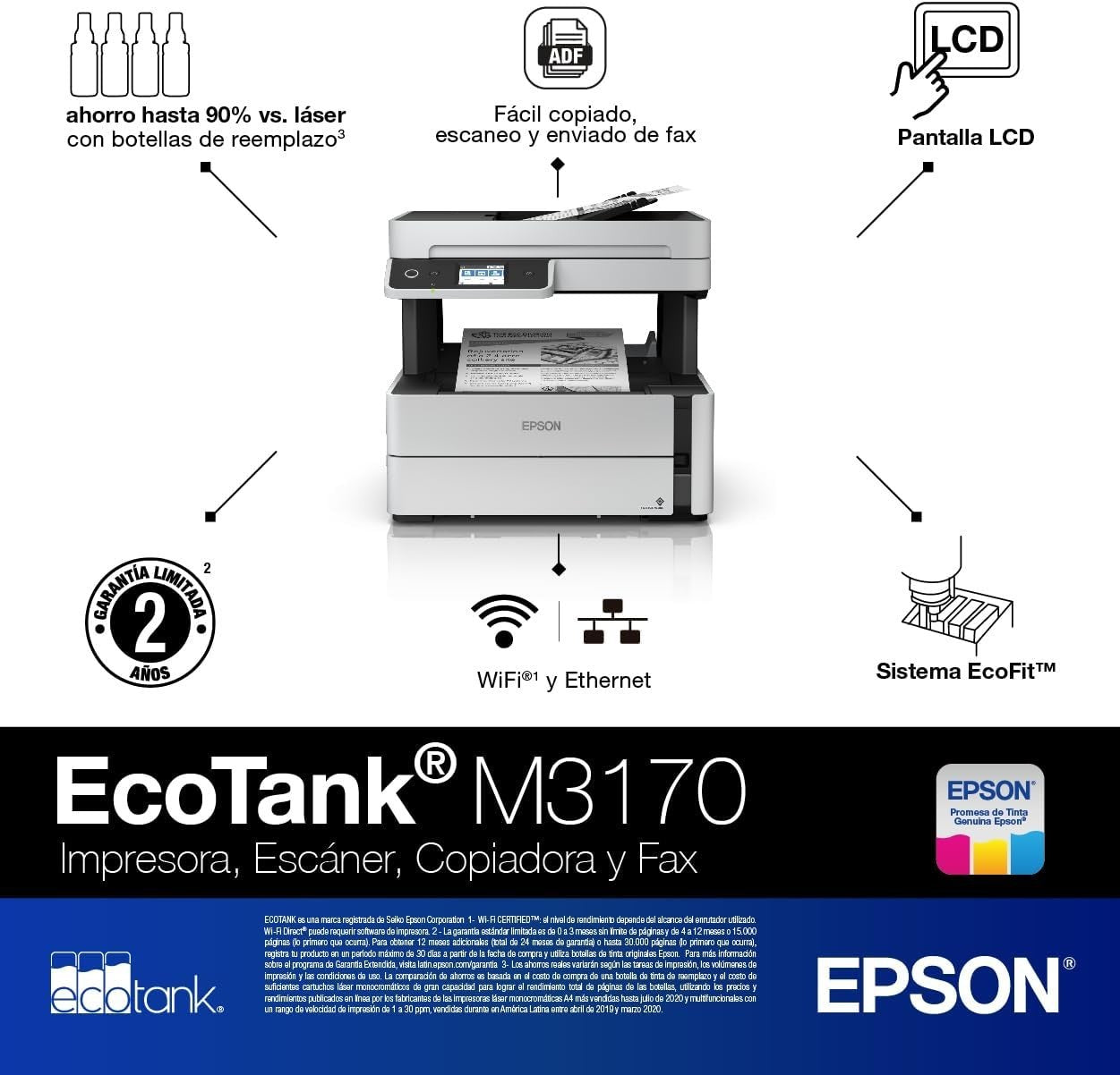 White Monochrome EcoTank A4 Wireless Printer Duplex Copy Scan Fax