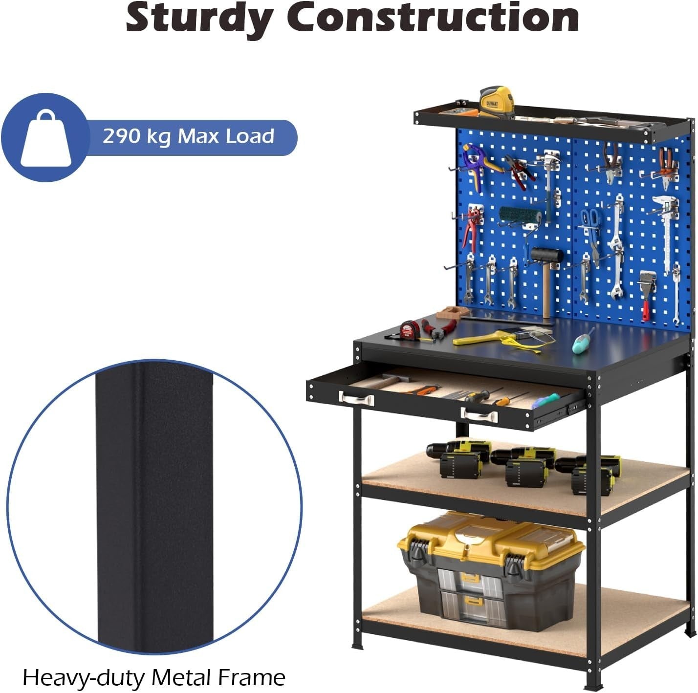 Navy Heavy Duty Garage Workbench Pegboards Drawer Shelves 290kg Tool Station