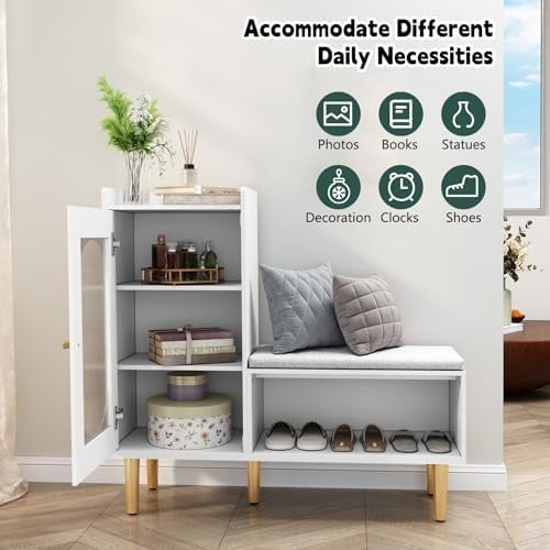 L-Shaped Shoe Storage Bench with Cushion Glass Doors 100×30×92 cm White