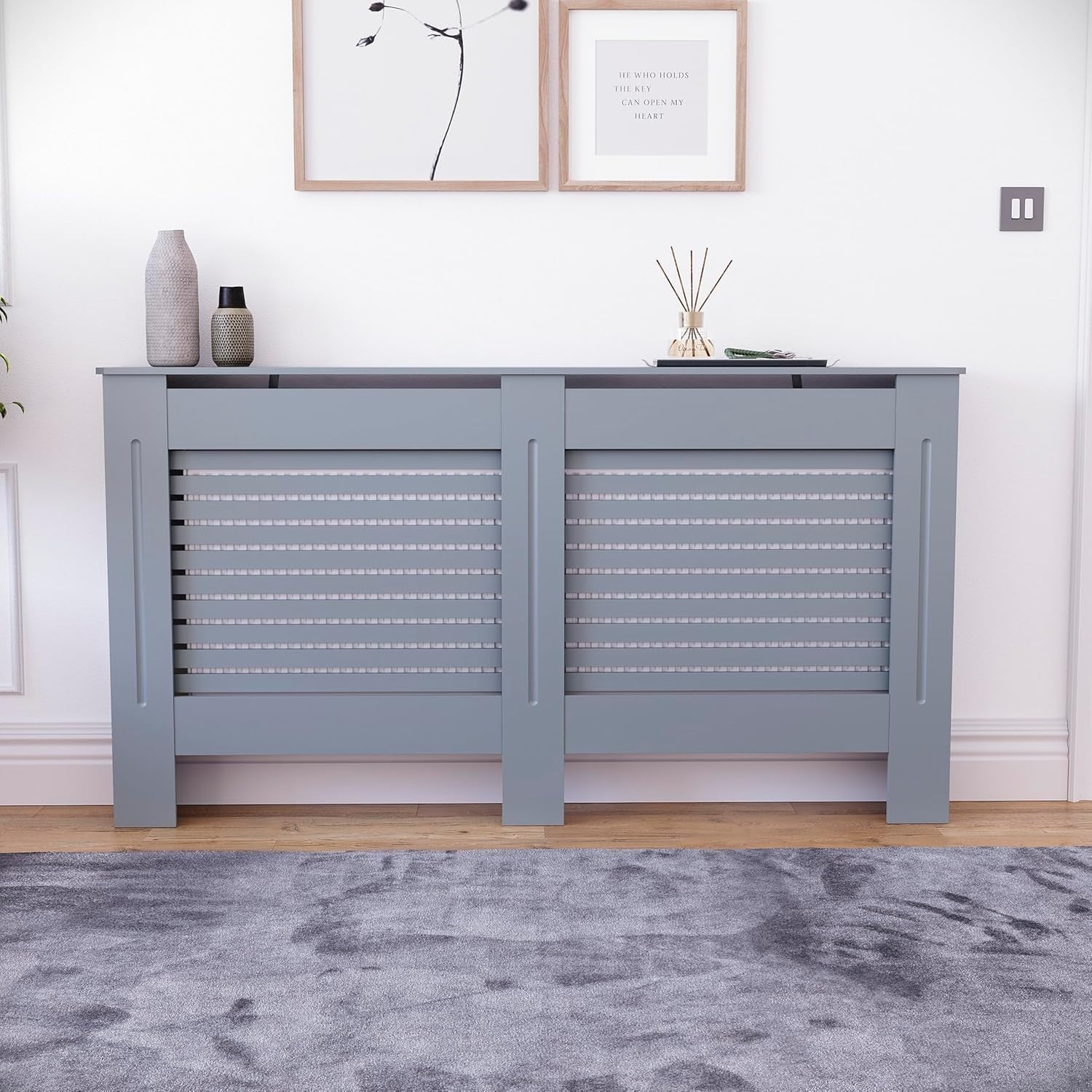 Large Grey Radiator Cover 141x80x16cm Modern MDF Slatted Cabinet