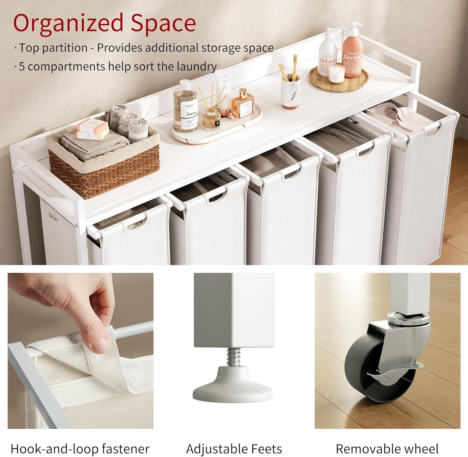 5 Section Laundry Basket with Shelf White 300L Removable Bags Wheels Metal