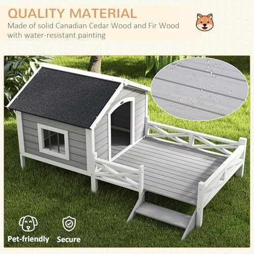 Outdoor Wooden Dog House with Porch, Ladder & Window, Weatherproof Shelter