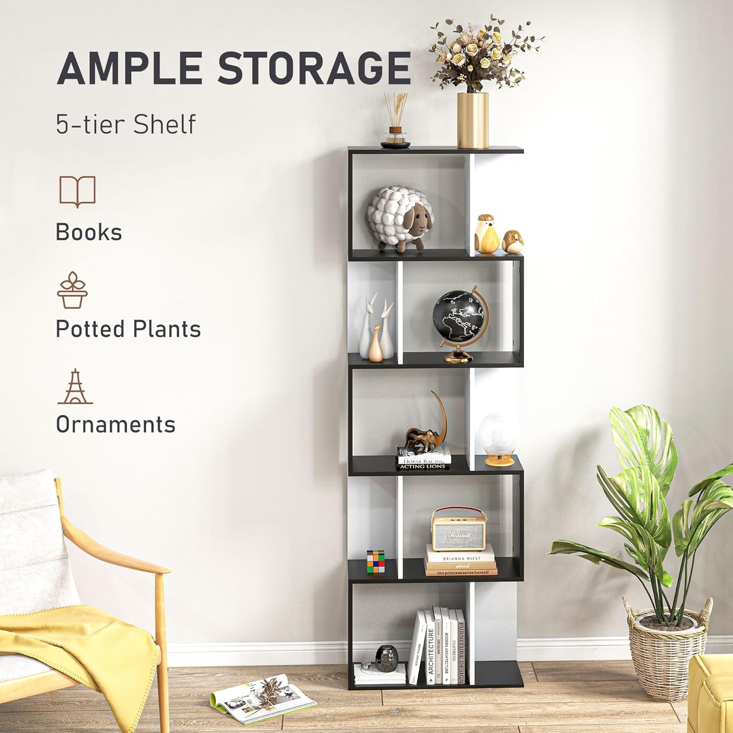Modern 5-Tier S-Shape Display Bookcase – Freestanding Storage Shelf Black