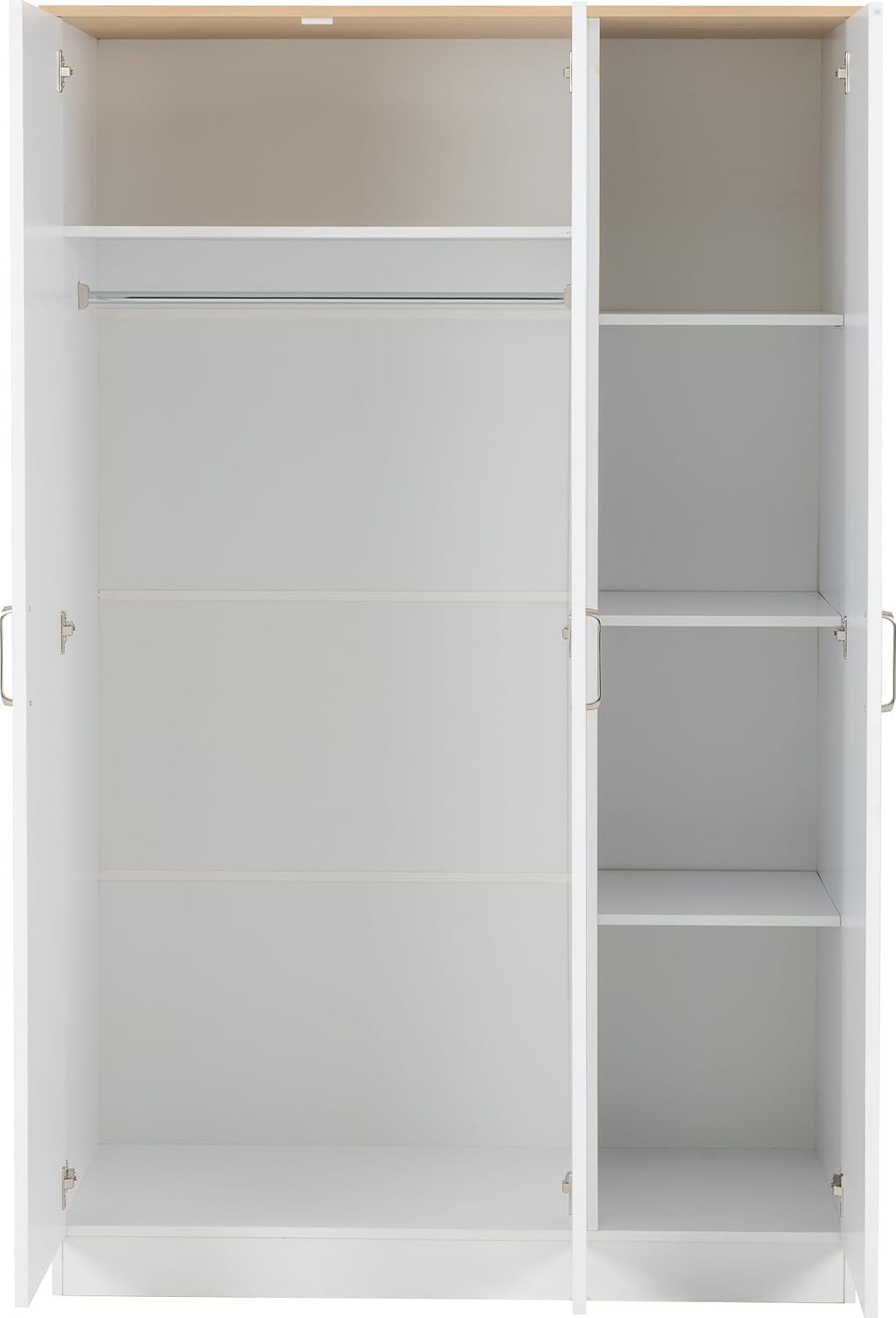 3 Door White Oak Wardrobe with Lockable Storage & Spacious Hanging Space