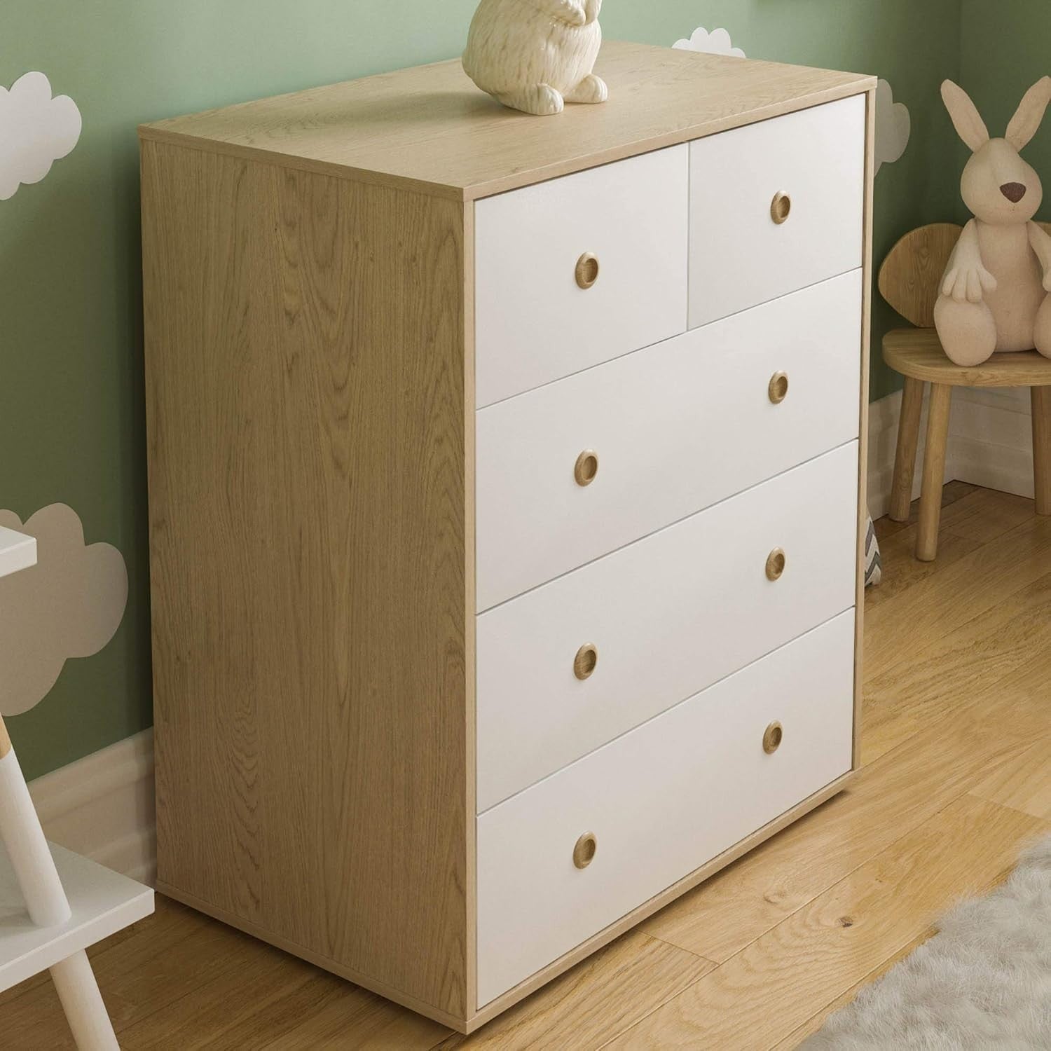 Modern Kids 5-Drawer Chest with Oak Handles – Compact Bedroom Storage
