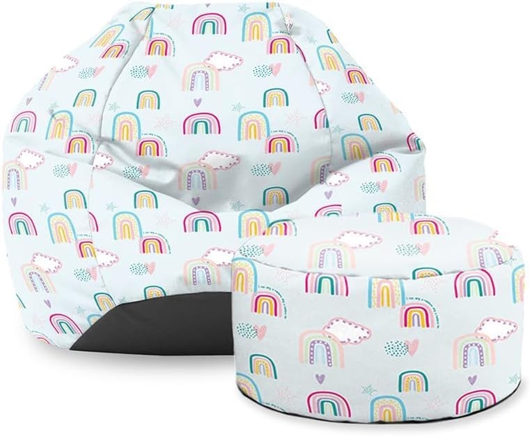Kids Bean Bag Chair with Footstool - Rainbow Print, Washable & Durable