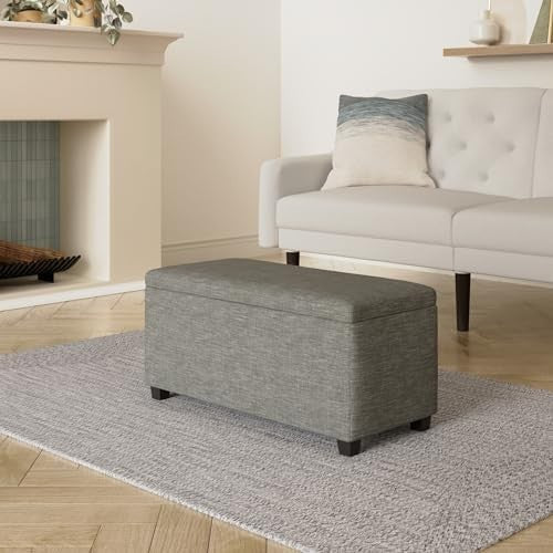 Dark Grey Upholstered Storage Ottoman Bench Soft Close Lid Linen Fabric 90x42x43