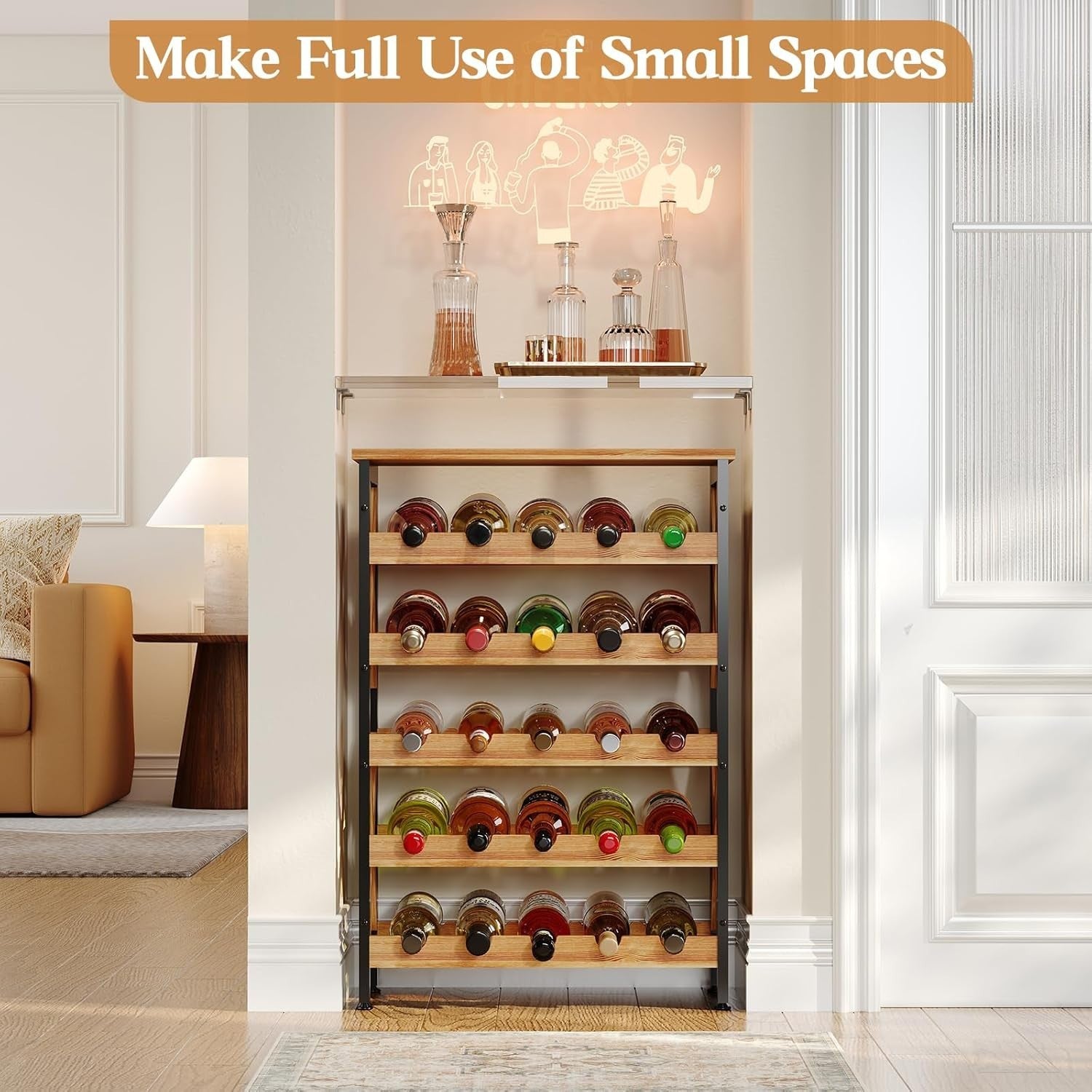 25 Bottle Wine Rack 5 Tier Rustic Floor Standing Storage Shelf with Wood Top Bar