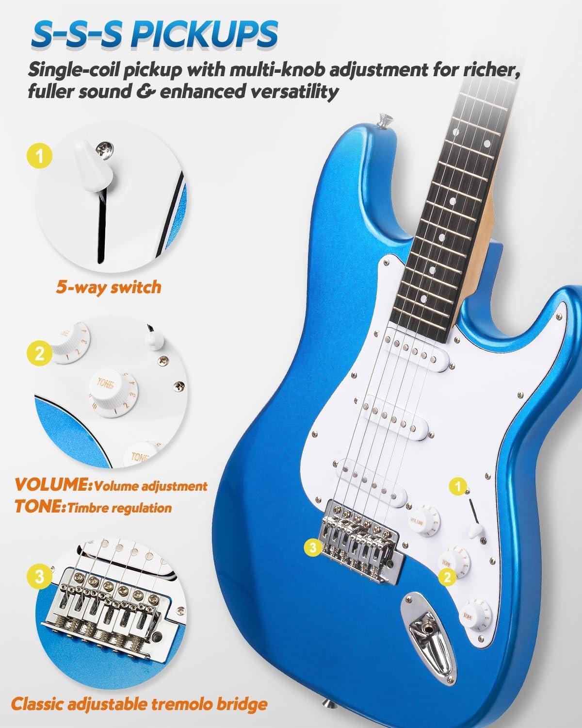 39" Electric Guitar Starter Kit SSS 10W Amp Blue Full Size