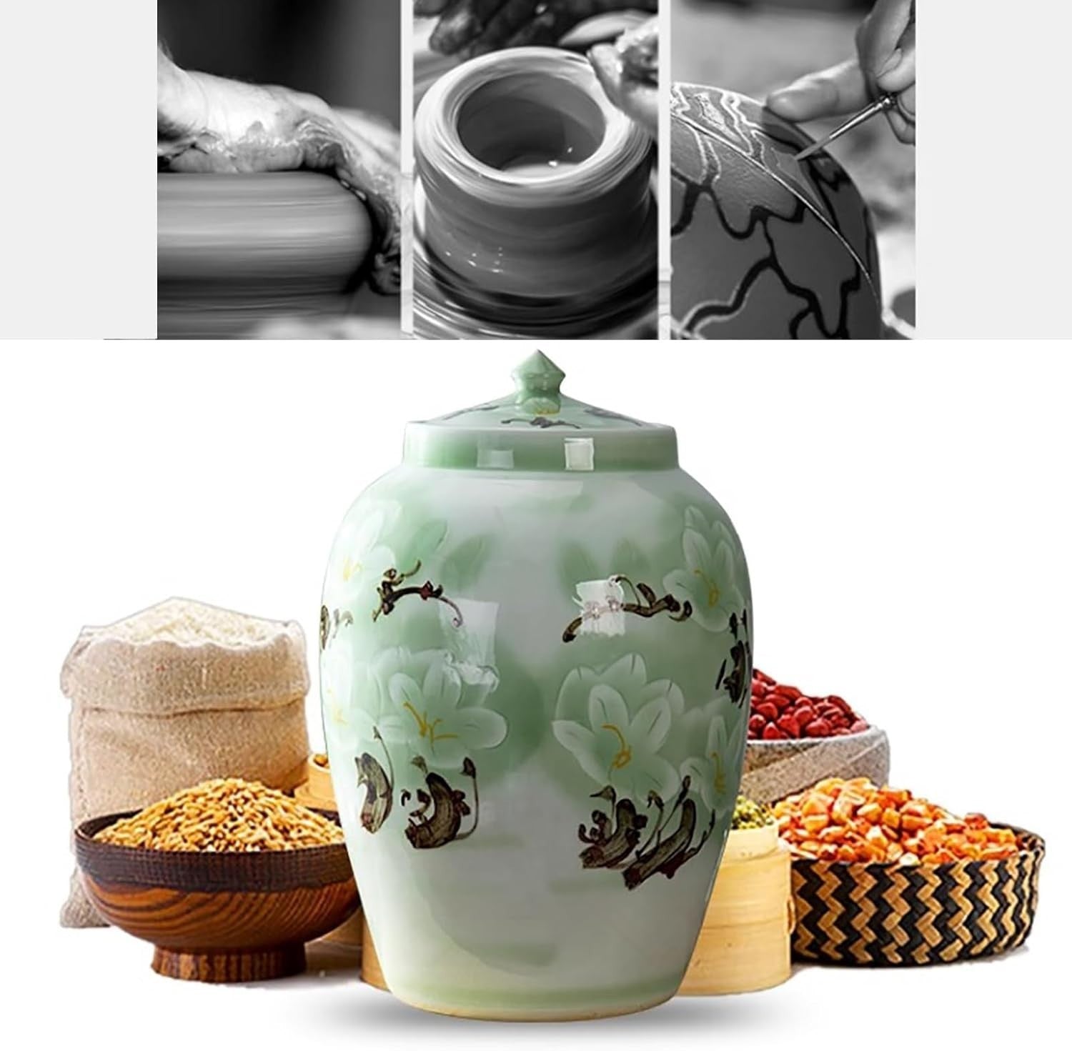 10KG Ceramic Rice Jar Chinese Style Storage Container with Lid
