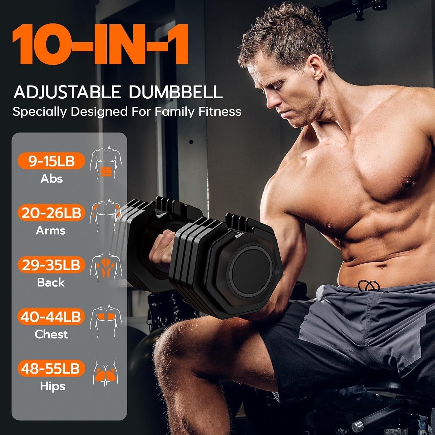 55lb Adjustable Dumbbell Single 10-in-1 One-Hand Dial Non-Slip Home Gym
