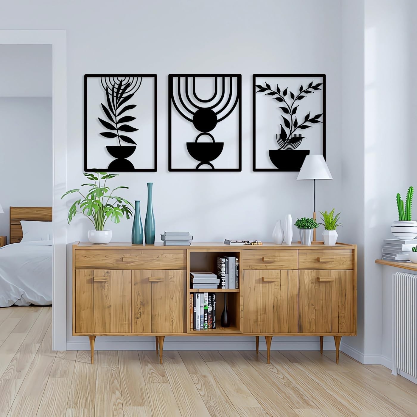 3 Panel Boho Metal Wall Art Black Geometric Wall Decor Set