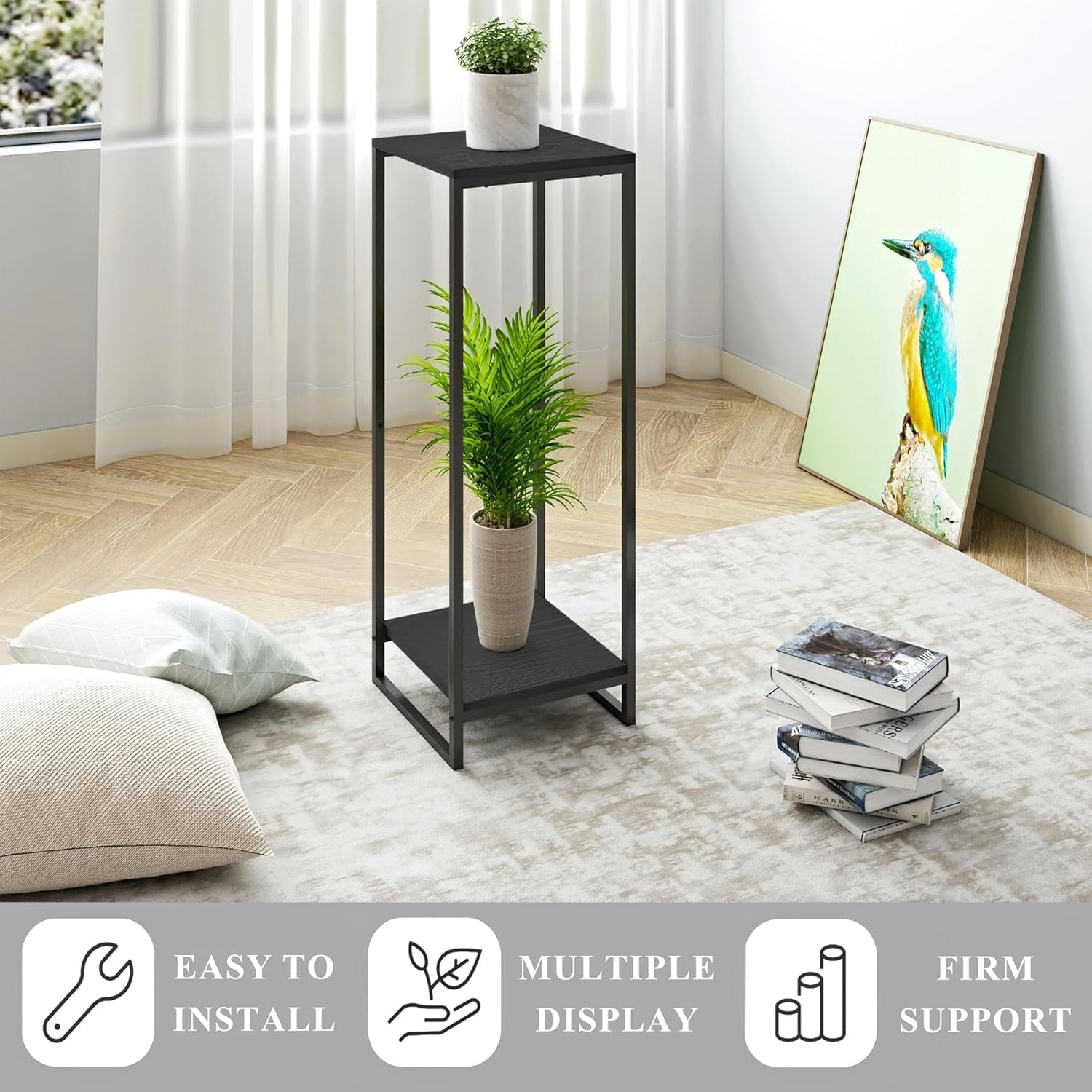 34" Tall 2 Tier Black Metal Plant Stand Modern Indoor Flower Pot Shelf