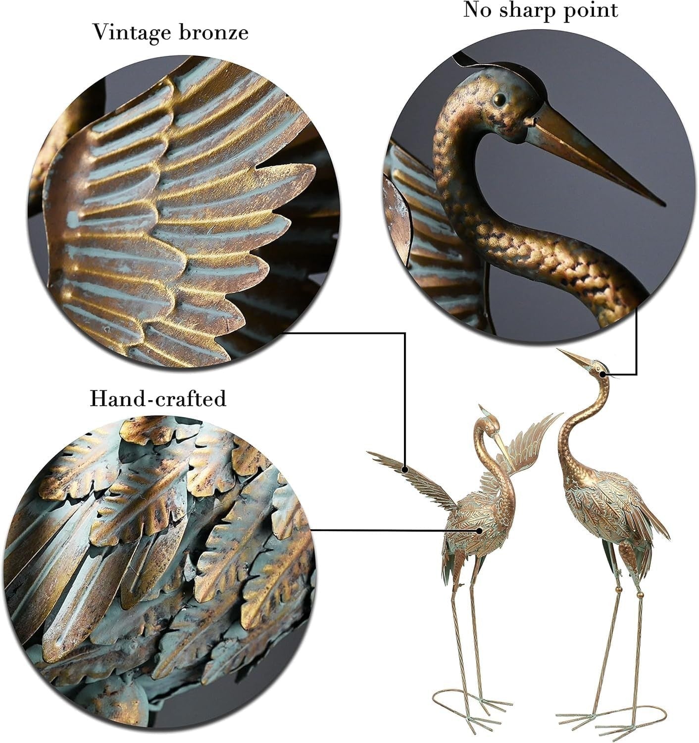 Large Metal Crane Garden Statues Pair 39in Bronze Heron Sculptures Outdoor Decor