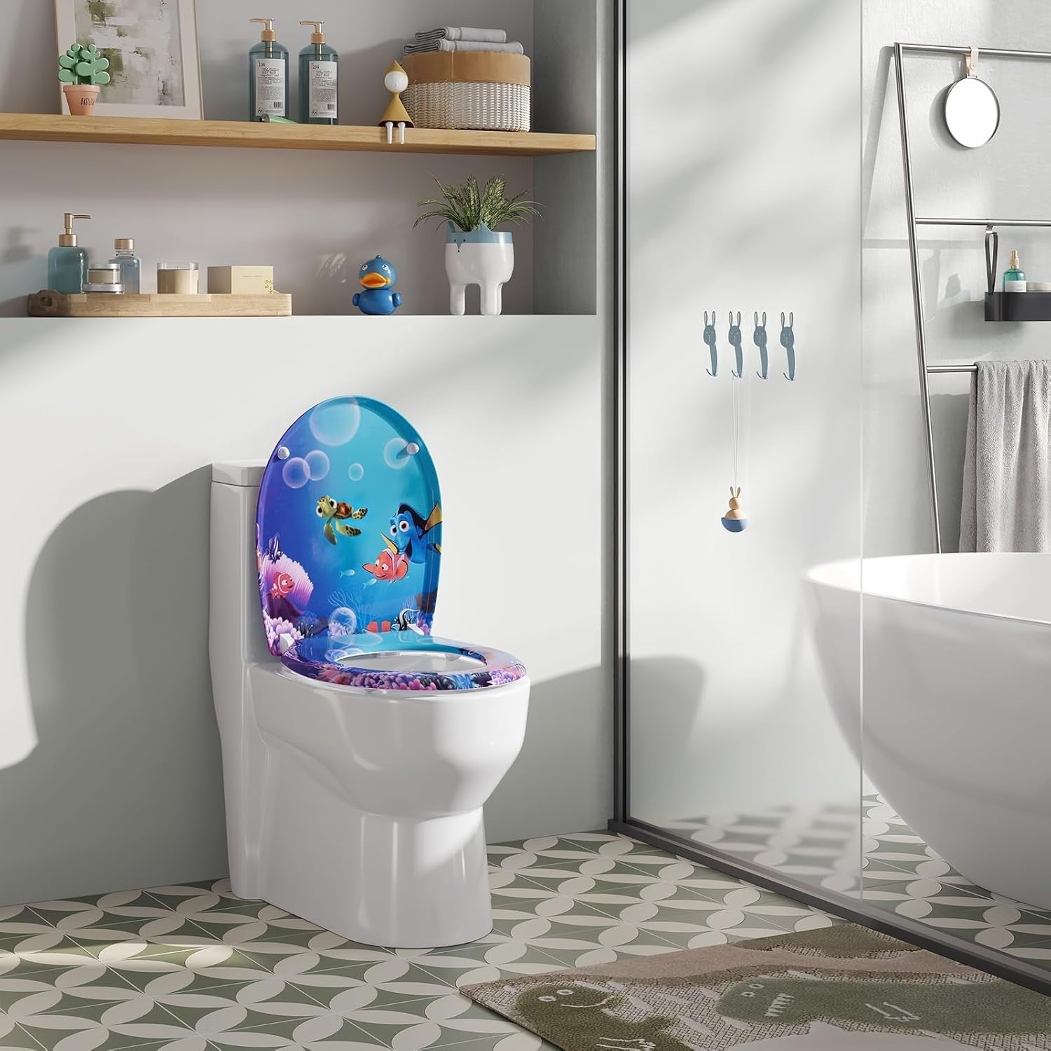 Soft Close Toilet Seat Quick Release O-Shape Duroplast Ocean Fish 45x37cm