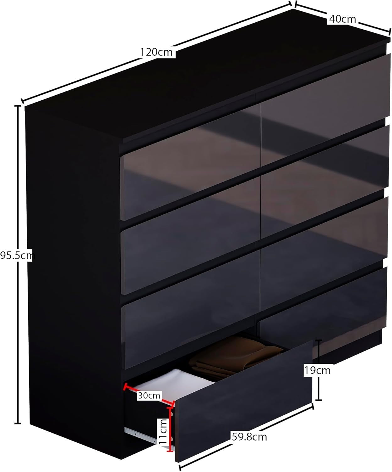Black High Gloss 8 Drawer Chest Modern Storage Cabinet Bedroom Organizer