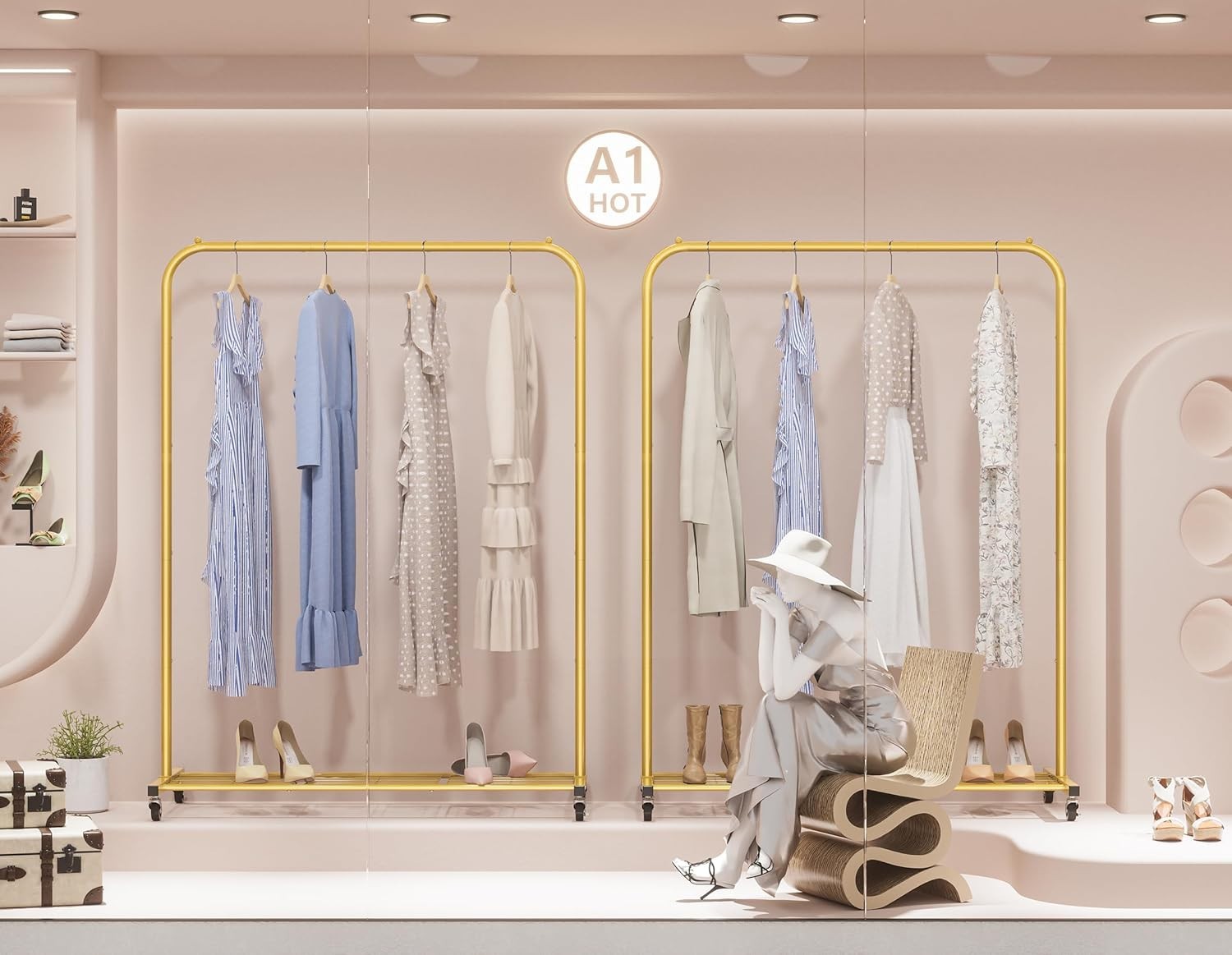 Portable Gold Clothes Rail 40KG Rack With Wheels Shelf & Hooks
