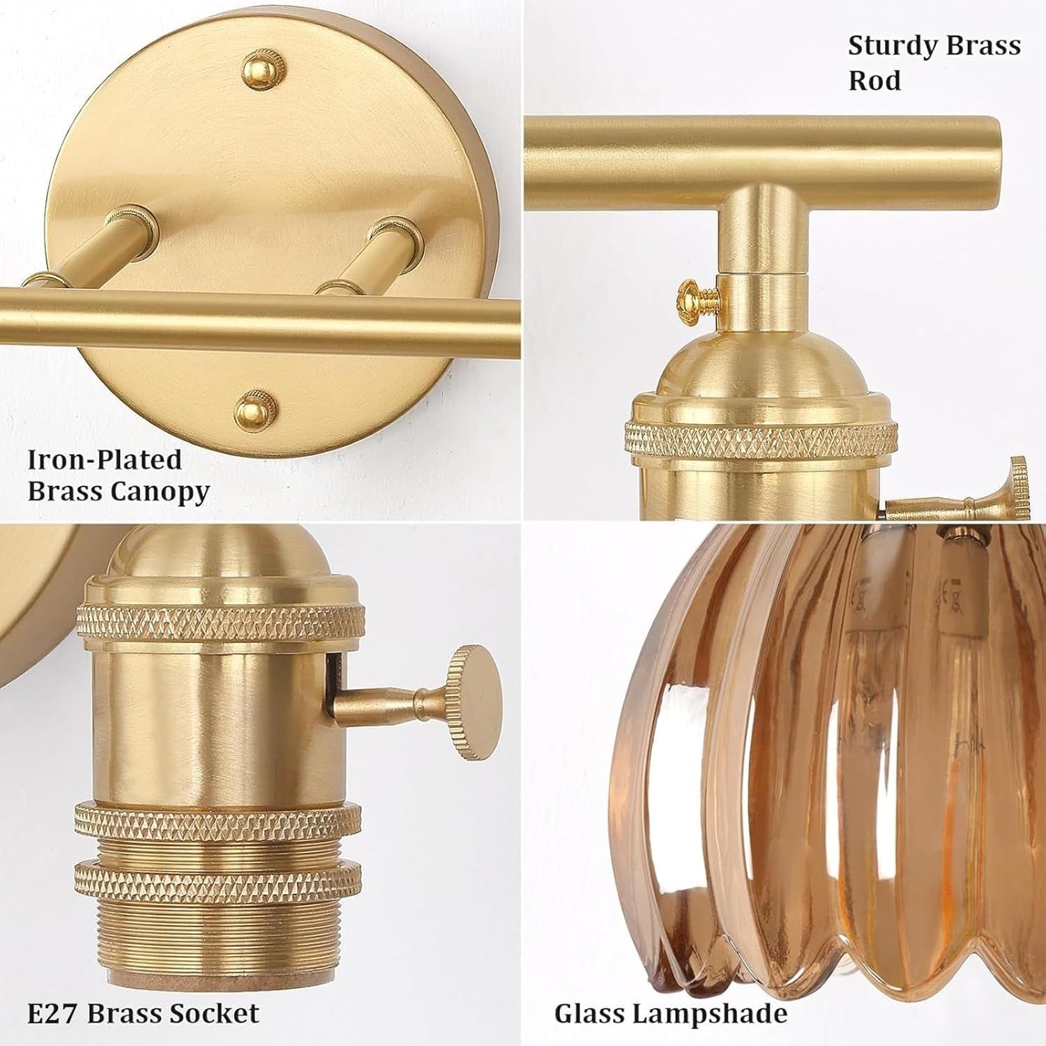 2-Light Amber Glass Wall Sconce Vanity Light Vintage Brass Fixture