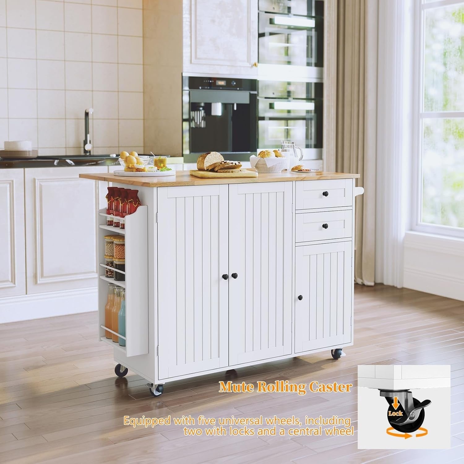 White Rolling Kitchen Island Cart Drop Leaf 128cm Storage