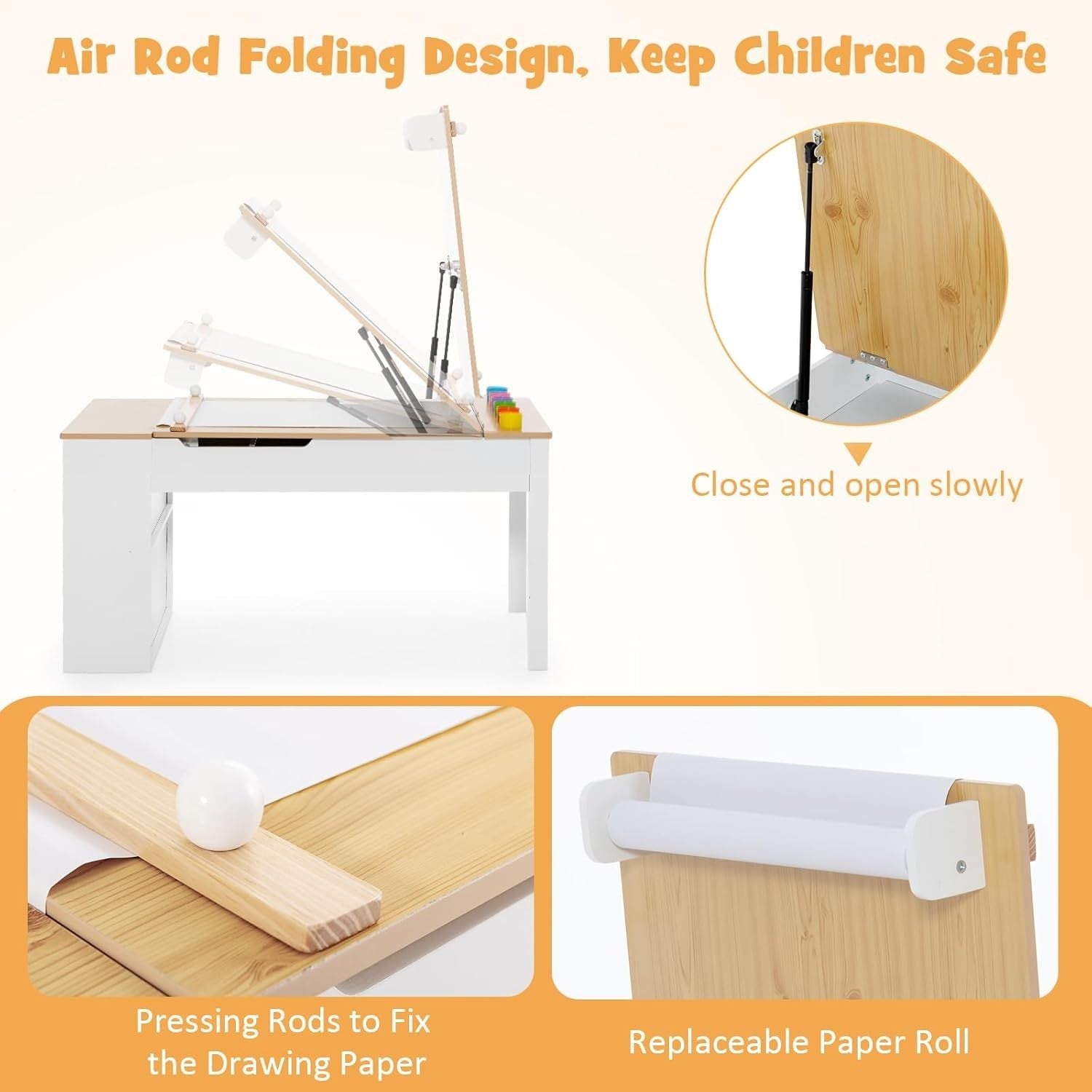 Kids Art Table and Chair Set with Storage Bins & Easel Desk Natural White 6 Cups