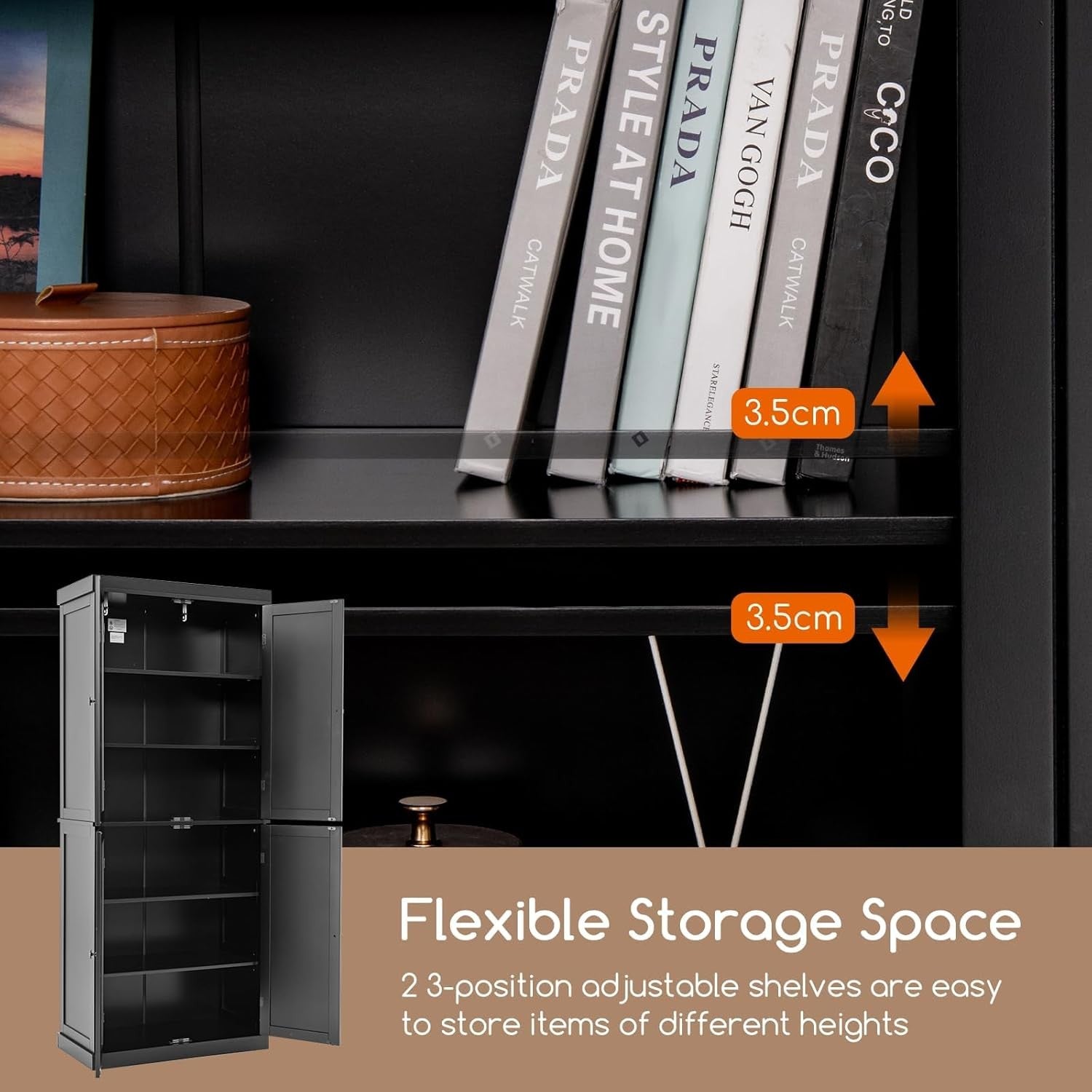 Tall Black Kitchen Cupboard 4 Door Pantry Storage Cabinet Adjustable