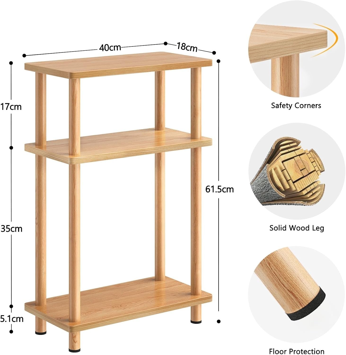 Slim 3-Tier Side Table, Space-Saving Narrow End Table for Living Room, Oak